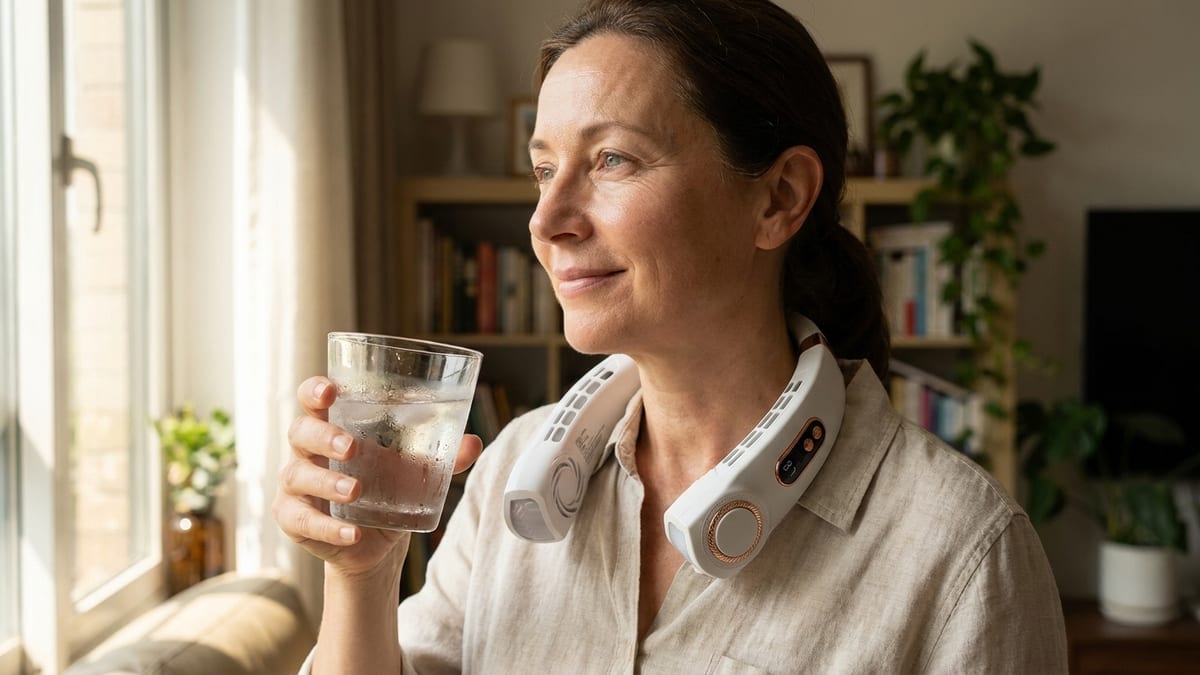 A woman staying cool and relaxed at home during a hot flash